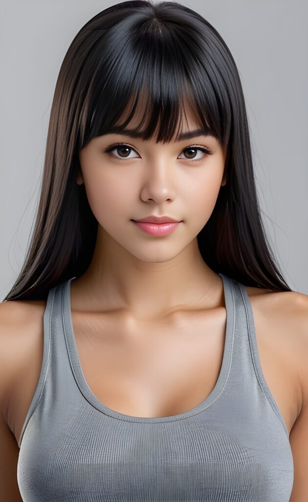 super realistic, 4k, detailed face, perfect curved body, cute teen girl, long black straight hair, bangs cut, wear a grey crop top, looks at the camera, portrait shot