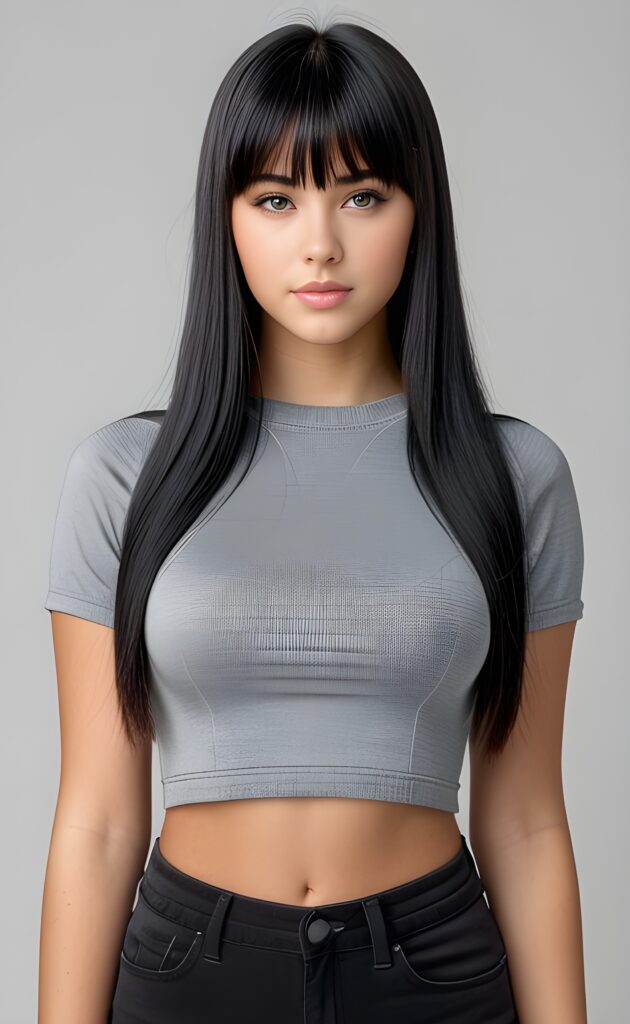 super realistic, 4k, detailed face, perfect curved body, cute teen girl, long black straight hair, bangs cut, wear a grey crop top, looks at the camera, portrait shot