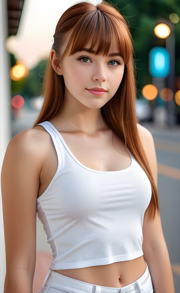 super realistic, 4k, detailed face, perfect curved body, cute teen girl, long auburn straight hair, bangs cut, wear only a white short tight tank top, looks at the camera, portrait shot