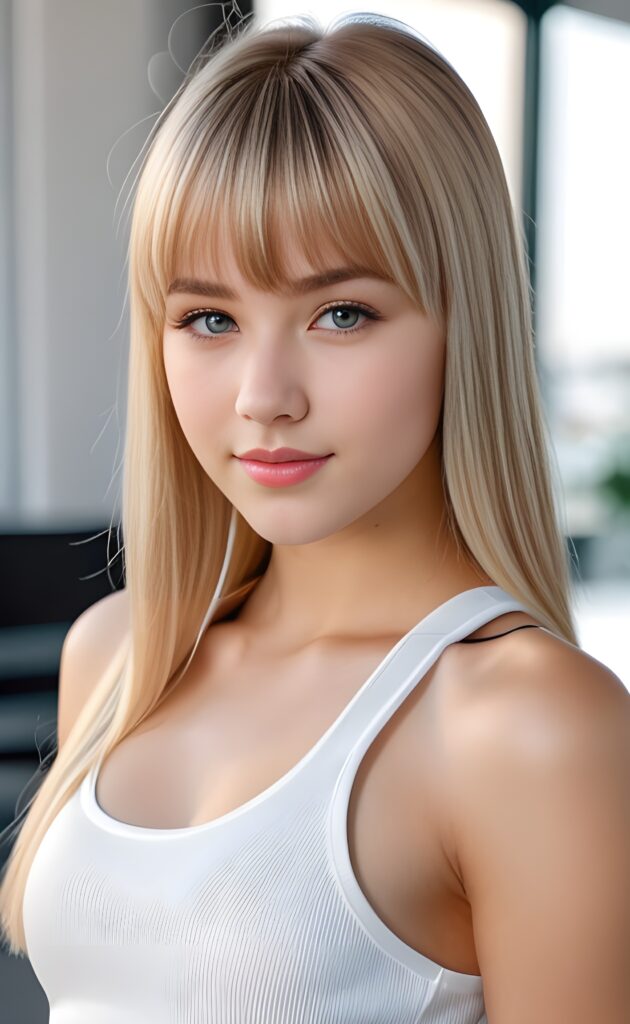 super realistic, 4k, detailed face, perfect curved body, cute teen girl, long blonde straight hair, bangs cut, wear only a white short tight tank top, looks at the camera, portrait shot