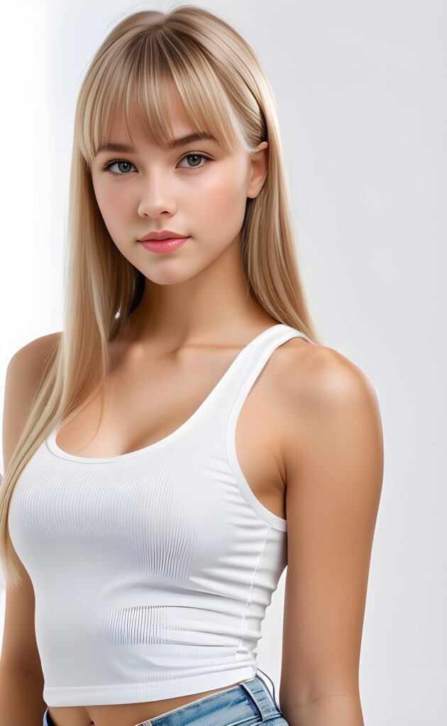 super realistic, 4k, detailed face, perfect curved body, cute teen girl, long blonde straight hair, bangs cut, wear only a white short tight tank top, looks at the camera, portrait shot