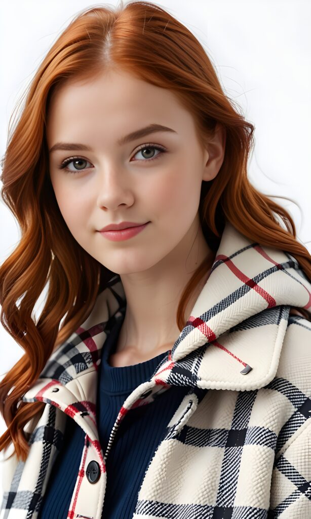 super realistic, 4k, detailed face, perfect curved body, cute young teen girl, red hair, looks at the camera, portrait shot, white background, wears a checked winter coat