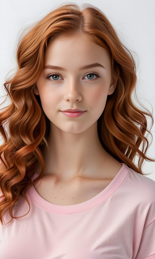 super realistic, 4k, detailed face, perfect curved body, cute young teen girl, wavy red hair, looks at the camera, portrait shot, white background, wears a short pink t-shirt
