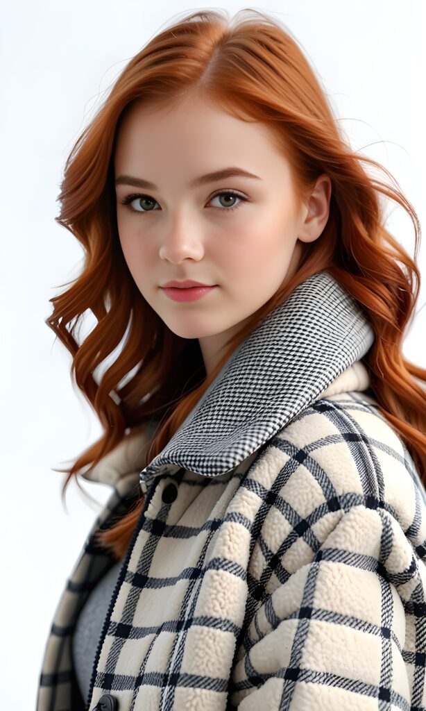 super realistic, 4k, detailed face, perfect curved body, cute young teen girl, red hair, looks at the camera, portrait shot, white background, wears a checked winter coat