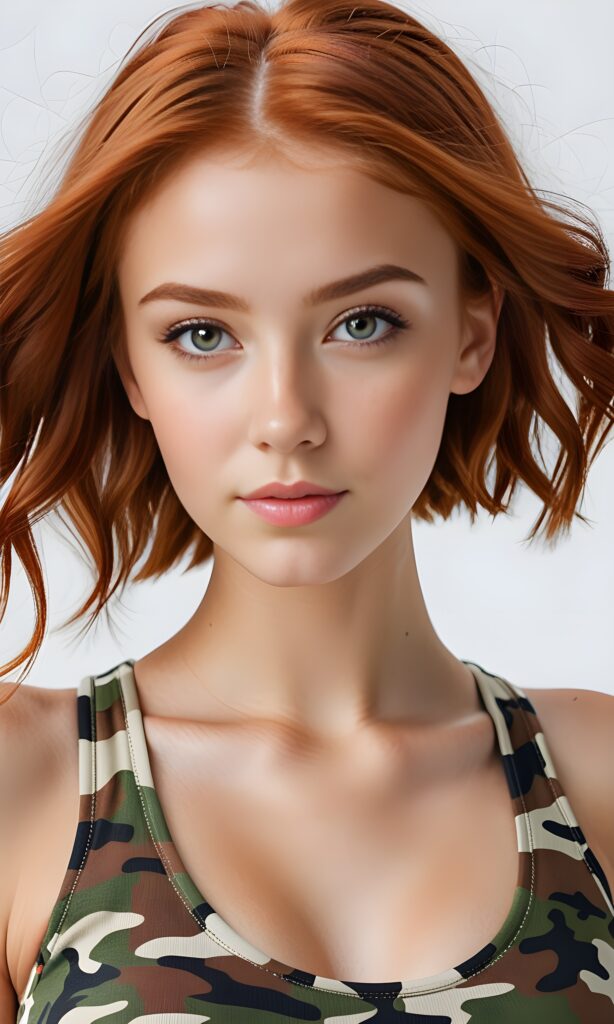 super realistic, 4k, detailed face, perfect curved body, cute young teen girl, red hair, looks at the camera, portrait shot, white background, wears a super short tight crop top in camouflage colors