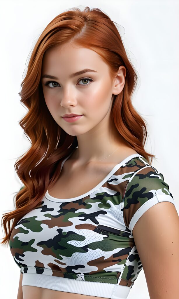 super realistic, 4k, detailed face, perfect curved body, cute young teen girl, red hair, looks at the camera, portrait shot, white background, wears a super short tight crop top in camouflage colors