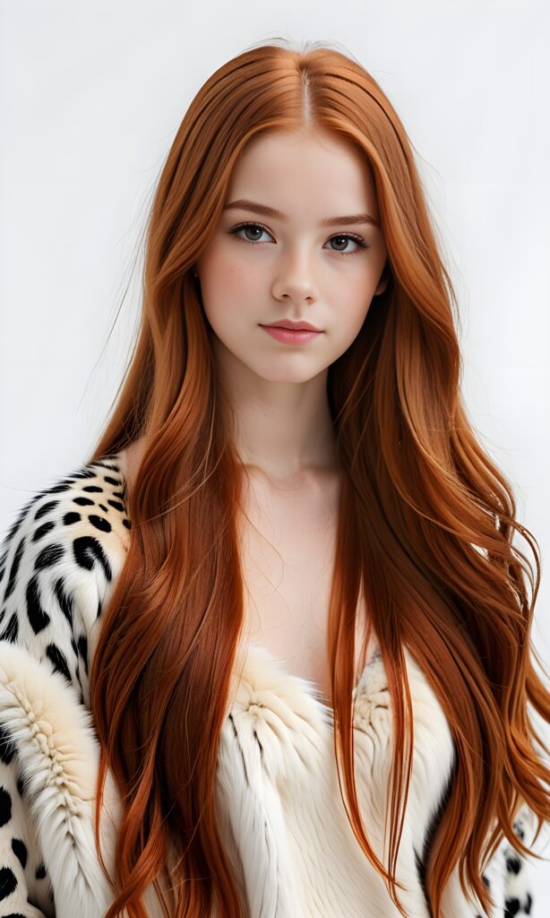 super realistic, 4k, detailed face, perfect curved body, cute young teen girl, long straight red hair, looks at the camera, portrait shot, white background, dressed in animal skins