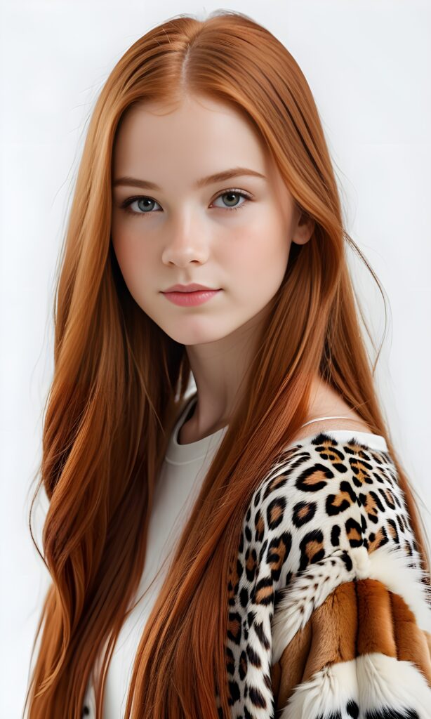super realistic, 4k, detailed face, perfect curved body, cute young teen girl, long straight red hair, looks at the camera, portrait shot, white background, dressed in animal skins