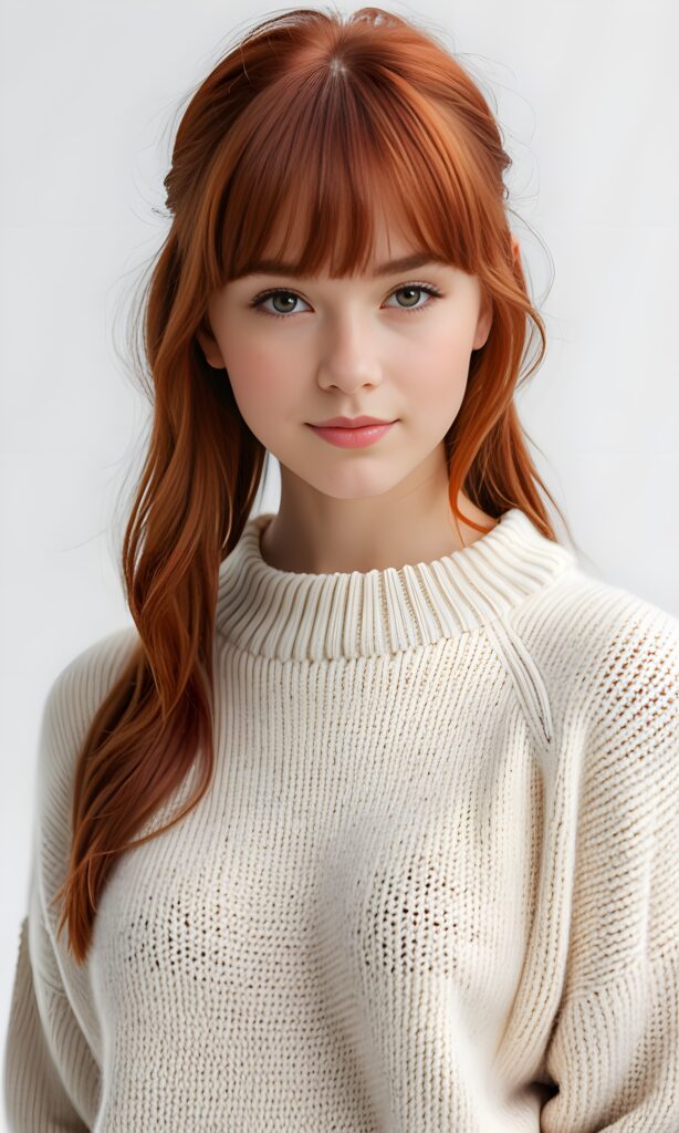 super realistic, 4k, detailed face, perfect curved body, cute young teen girl, bangs cut, straight red hair, looks at the camera, portrait shot, white background, wears a wool sweater
