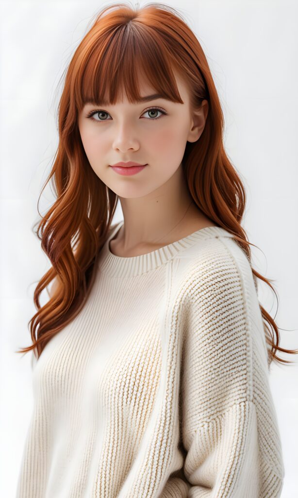 super realistic, 4k, detailed face, perfect curved body, cute young teen girl, bangs cut, straight red hair, looks at the camera, portrait shot, white background, wears a wool sweater