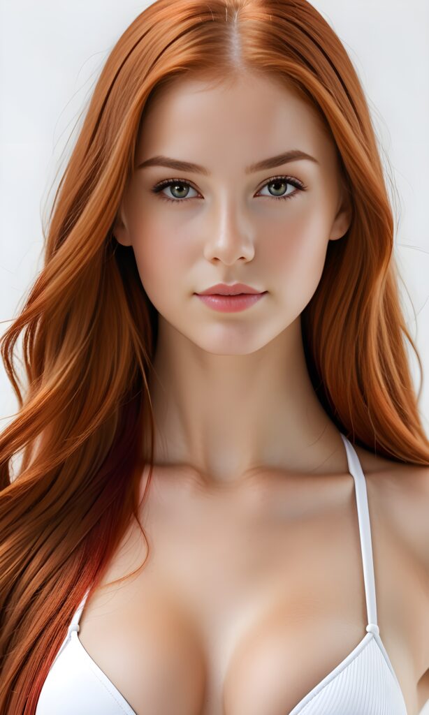 super realistic, 4k, detailed face, perfect curved body, cute young teen girl, well breasted, long straight red hair, looks at the camera, portrait shot, white background, white thin bikini