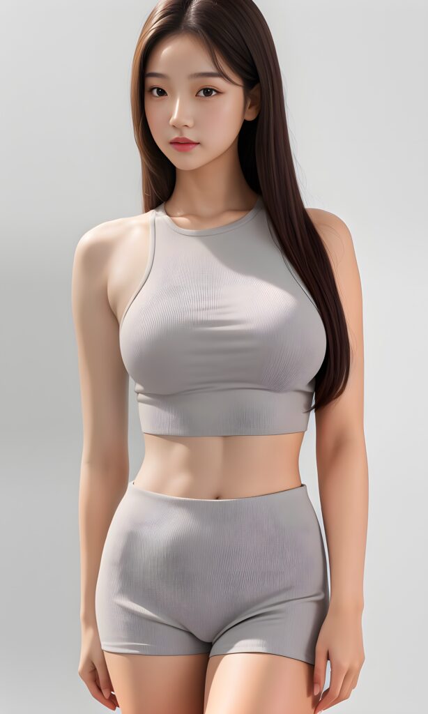 super realistic, 4k, detailed face, perfect curved body, well breasted cute young girl, straight hair, crop top, looks at the camera, portrait shot, grey background