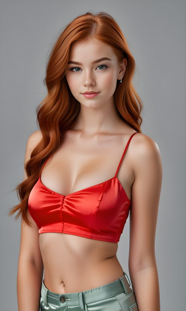 super realistic, 4k, detailed face, perfect curved body, well breasted cute young teen girl, straight red hair, crop top made of silk, looks at the camera, portrait shot, grey background