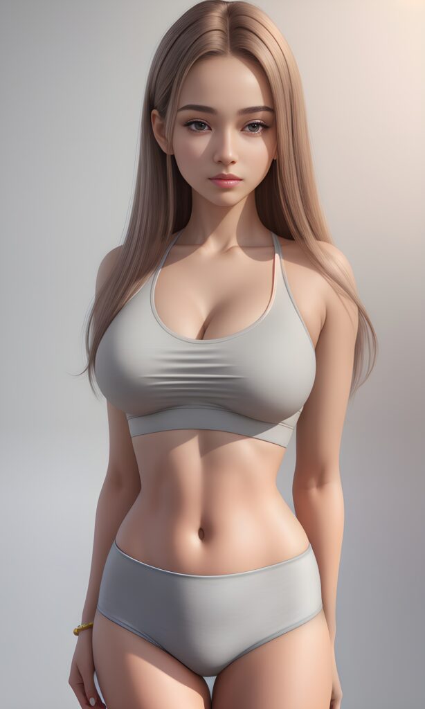 super realistic, 4k, detailed face, perfect curved body, well breasted cute young girl, straight hair, crop top, looks at the camera, portrait shot, grey background