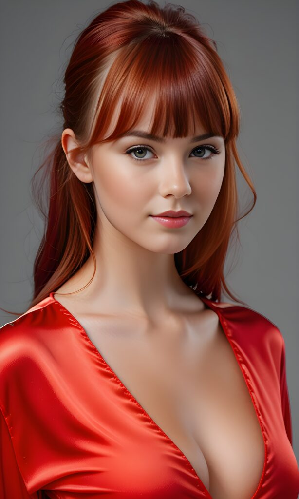 super realistic, 4k, detailed face, perfect curved body, well breasted cute young teen girl, bangs cut, straight red hair, red nightsuit made of silk, looks at the camera, portrait shot, grey background