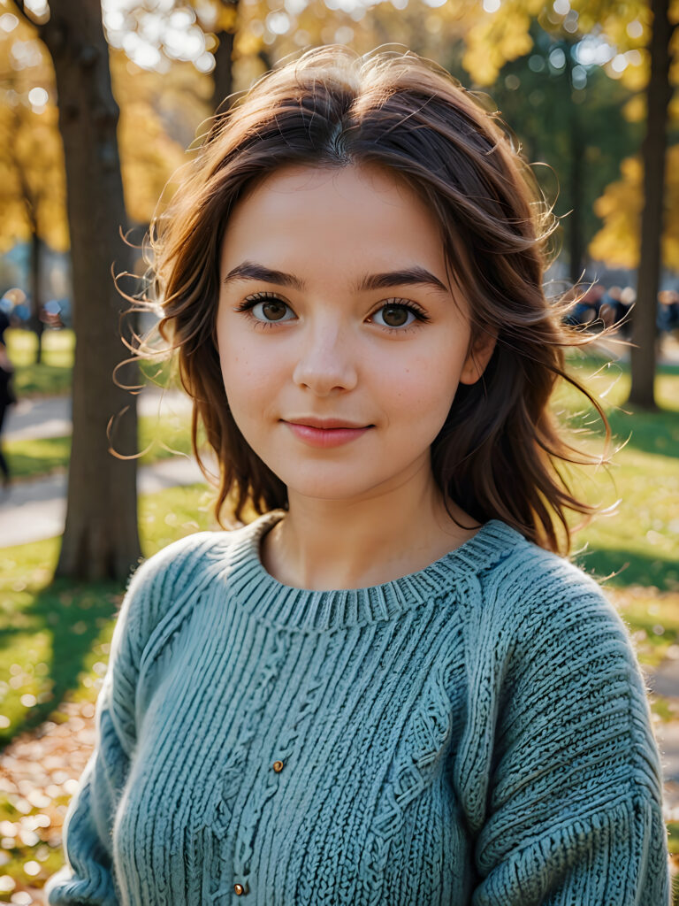 the cutest girl in a park in a wool sweater