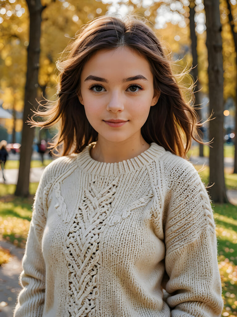 the cutest girl in a park in a wool sweater