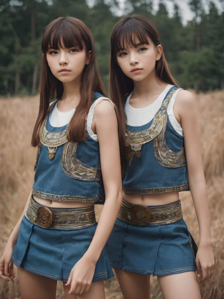 A beautifully composed (((portrait shot))) featuring two very cute and elegant (((teenage twin girls))) aged 15, with straight, tousled hair and big, expressive eyes, posed together in a (((low-cut white crop top and a super short mini skirt))), looking directly into the camera