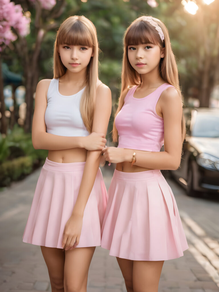 A beautifully composed (((portrait shot))) featuring two very cute and elegant (((teenage twin girls))) aged 15, with straight, tousled hair and big, expressive eyes, posed together in a (((low-cut white crop top and a super short mini skirt))), looking directly into the camera