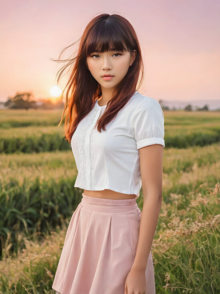 ((full body view)) of ((cute)) ((beautiful)) ((female model)) ((stunning)) (upper body) a young Filipino teen girl, 15 years old, detailed hair, styled bangs, white short tight shirt, perfect curved body, ultra realistic face, realistic amber eyes, detailed maroon straight hair, a photo with beautiful saturation, ultra high resolution, stands in a field, sunset in the background