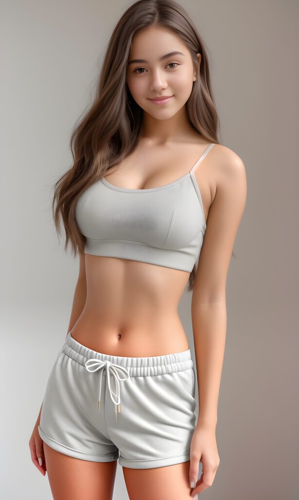 (((ultra realistic portrait))) of a (((a young well breasted teenage girl))) who exudes (((cuteness, gorgeousness, and stunningness))). She is posed in a (((super short form-fitting low cut thin (crop top)))) and (((super short pants))), facing the camera with a (((warm smile))), her (((realistic detailed straight hair)) flowing softly around her), grey background