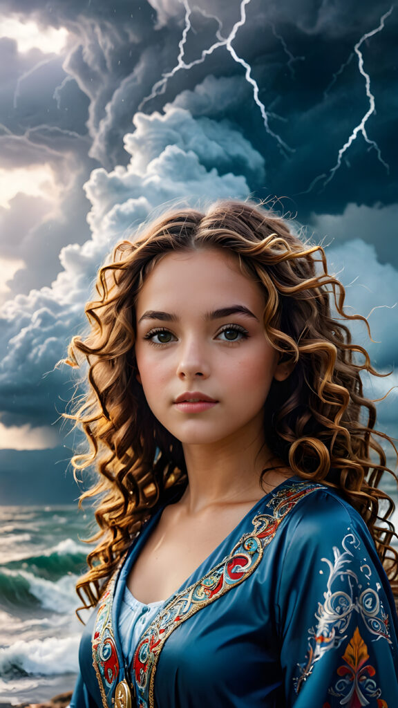 visualize a (((digital masterpiece))) with intricate details and patterns that evoke a sense of wonder, fantastical structures and colors interwoven with a (((vividly drawn girl))) whose flowing curls match the vibrancy of a (((storm brewing in the background))), luxurious surroundings