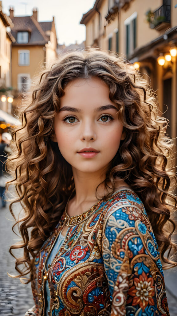 visualize a (((digital masterpiece))) with intricate ((details and patterns)) that evoke a sense of wonder, fantastical structures and colors interwoven with a (((vividly drawn girl))) whose flowing brown curls match, luxurious surroundings