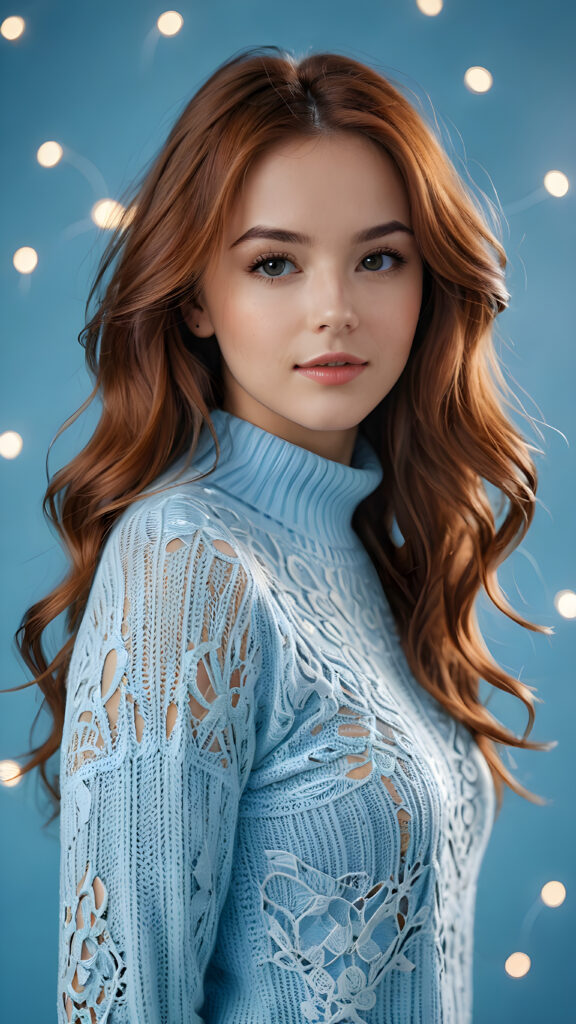 visualize a (((digital masterpiece))), with intricate digital patterns swirling around her (((thin, light blue sweater))), complementing her flawless form and flowing, soft, long, Hazelnut-hued tresses. Her lips exude a (seductive glow) against this digital backdrop