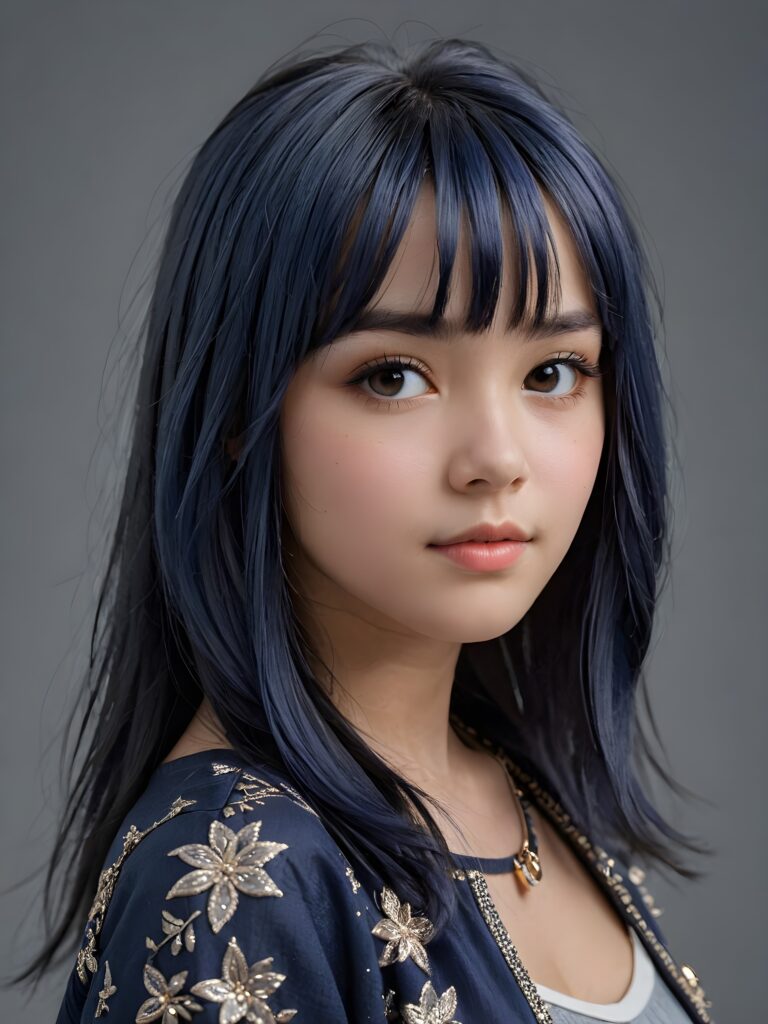 visualize a (((vividly drawn teen girl))) with ((straight soft midnight blue hair)), featuring intricate details and delicate bangs that cascade down the side of her face, thin dressed, ((grey background))