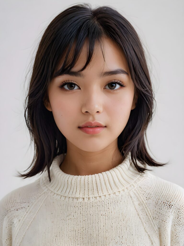 visualize a (((realistically detailed image))) of a (((softly beautiful young Exotic girl))), ((round face)), with exquisite, smooth skin and straight, soft shoulder length obsidian black hair in bangs cut framing her face, full lips, she wears a thin sweater made of white wool, against a (((gently contrasting white backdrop)))