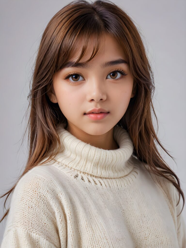 visualize a (((realistically detailed portrait))) of a (((softly beautiful young Exotic teen girl))), she looks seductively at the viewer, perfect body, ((round face)), ((shiny amber eyes)) with exquisite, smooth skin and straight, soft length amber hair in bangs cut framing her face, full lips, ((she wears a sweater made of white wool)), against a (((gently contrasting white backdrop))) (((side view)))