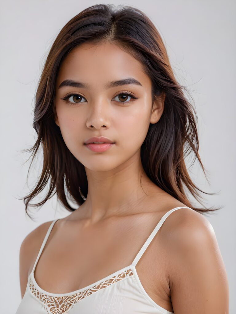 visualize a (((realistically detailed image))) of a (((softly beautiful young Exotic girl))), with exquisite, smooth skin and straight, soft long hair framing her face, dressed in a (((short top))), against a (((gently contrasting white backdrop)))