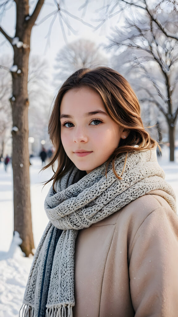 visualize a (((young teen girl))) dressed in a (wears a thick winter coat and a scarf), standing confidently against a (magnificent white backdrop) that suggests tranquility and serenity