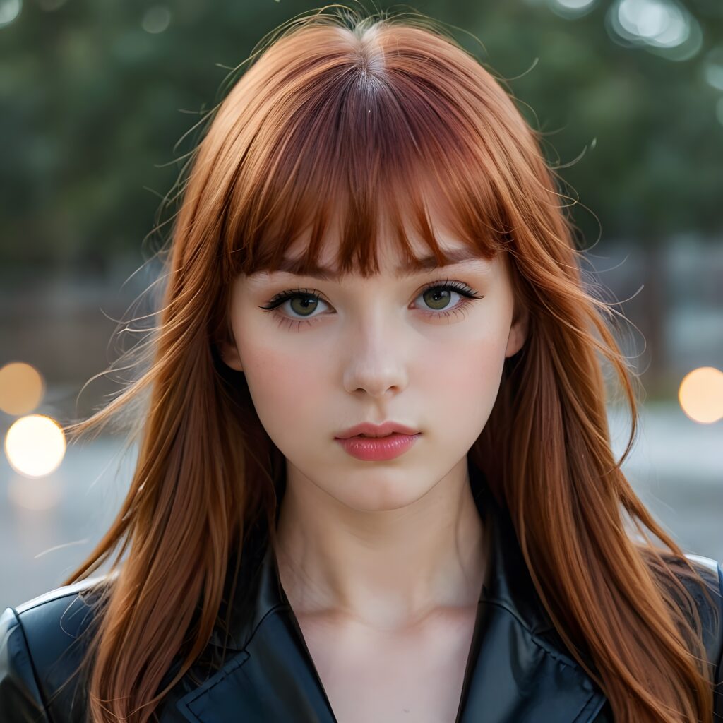 visualize a (((really detailed young teenage girl with long, soft straight red hair framing her face in classic bangs, her lips looking seductively parted against a (translucent, otherworldly backdrop))), dressed in a sleek, black leather suit that accentuates every curve of her stunningly beautiful form, against a backdrop that suggests an ethereal mist