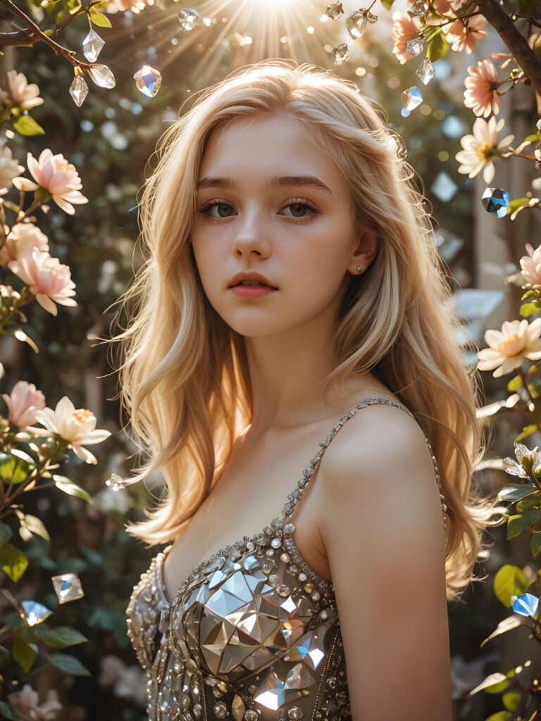 visualize a (((vividly drawn teenage girl))) with long, flowing blonde hair, standing against a backdrop of delicate blooms softly bathed in a (((vintage diamond sunlight filter))), her form and details reflect a timeless fantasy aesthetic that combines whimsy and nostalgia, as if captured through a shattered mirror