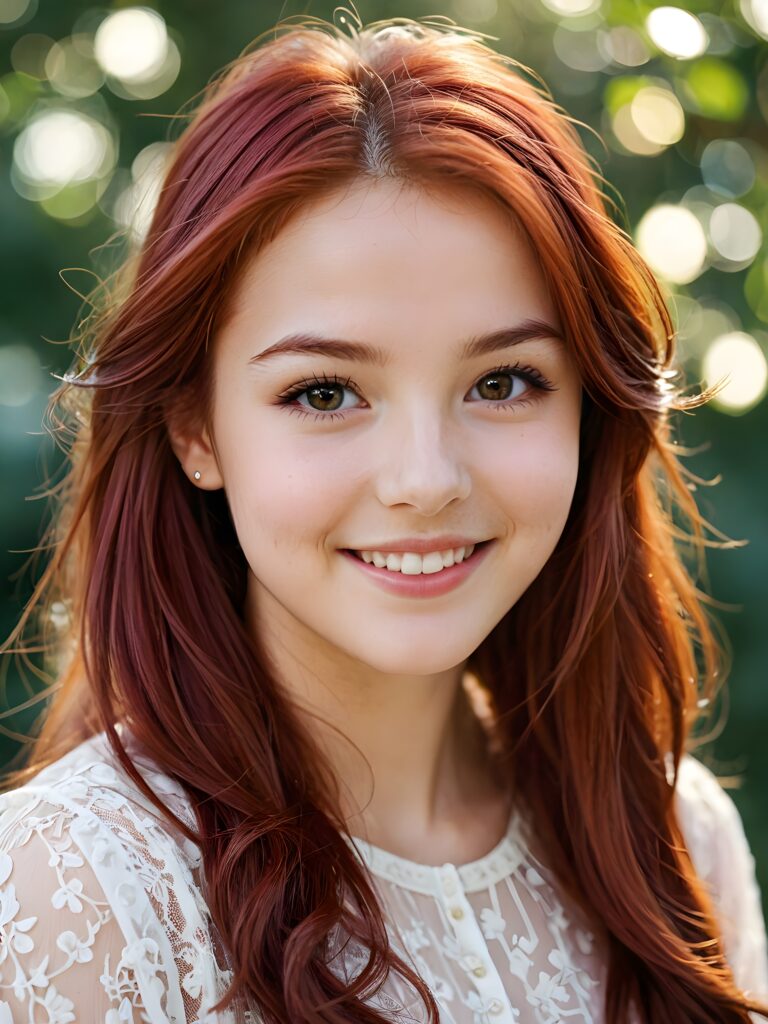 visualize a (((softly beautiful girlie))), with delicate features and a (((radiant aura))), suggesting purity and cuteness, her youthful exuberance apparent in her unmistakably adorable countenance, flawlessly fair skin, and a playfully turned-up smile, long straight and soft red hair
