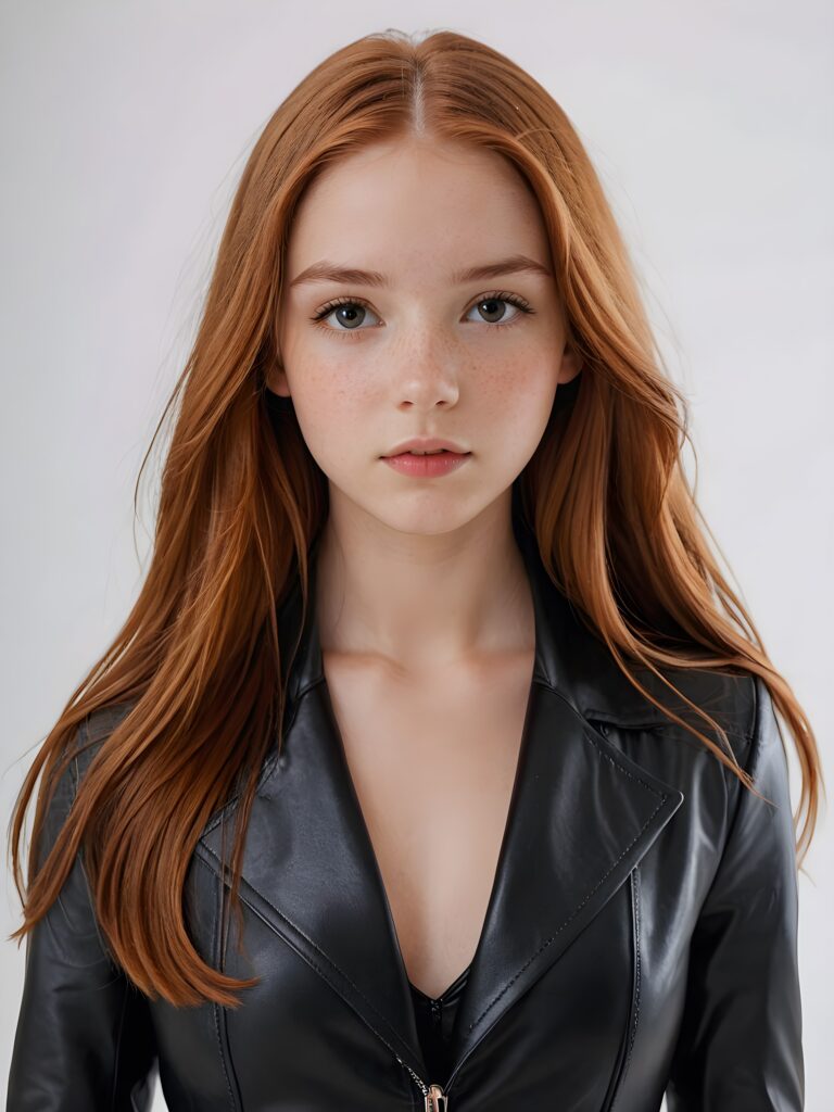 visualize a (((realistically detailed young teenage girl with long, soft straight red hair, framing her face with flowing, dark thin leather suit that expertly accentuates her stunningly gorgeous figure)), posed against a (translucent, ethereal white backdrop)