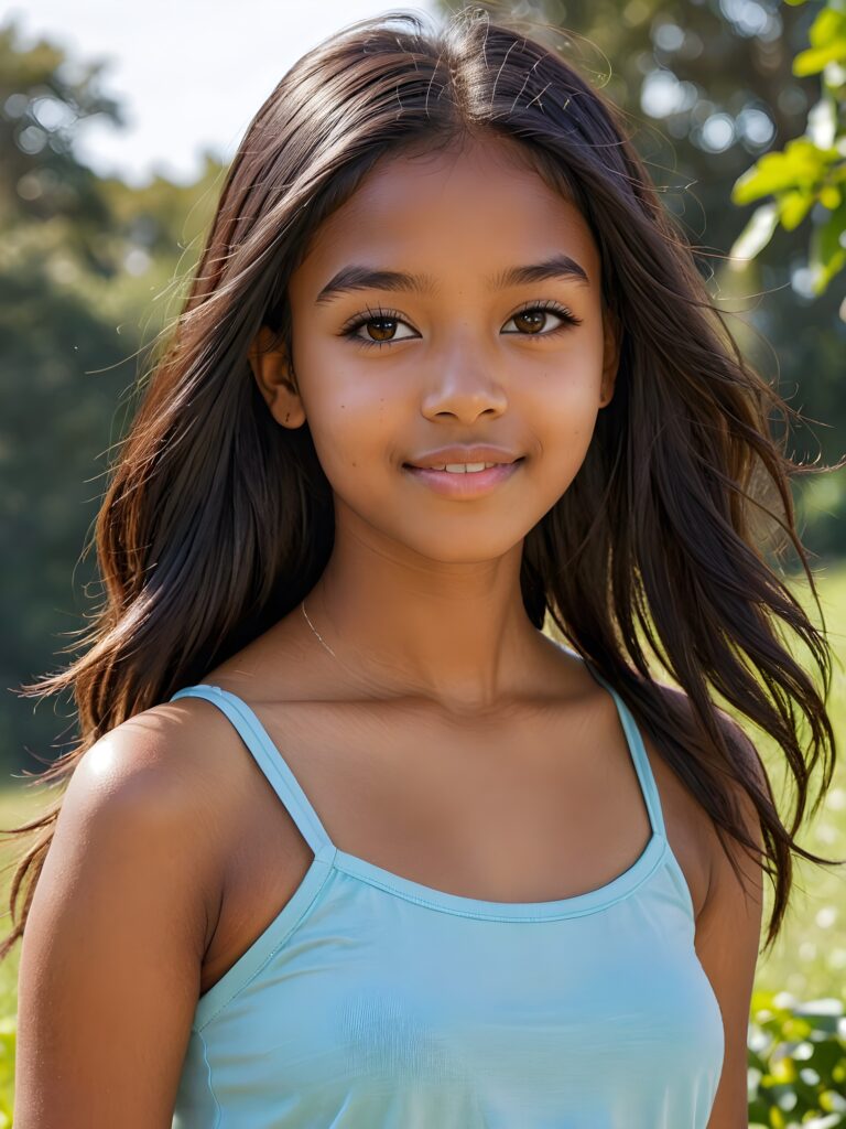 visualize a (((softly brown-skinned beautiful young teen girl))), with delicate features and a (((radiant aura))), suggesting purity and cuteness, her youthful exuberance apparent in her unmistakably adorable countenance, flawlessly fair skin, long straight and soft black hair, she wears a short crop top