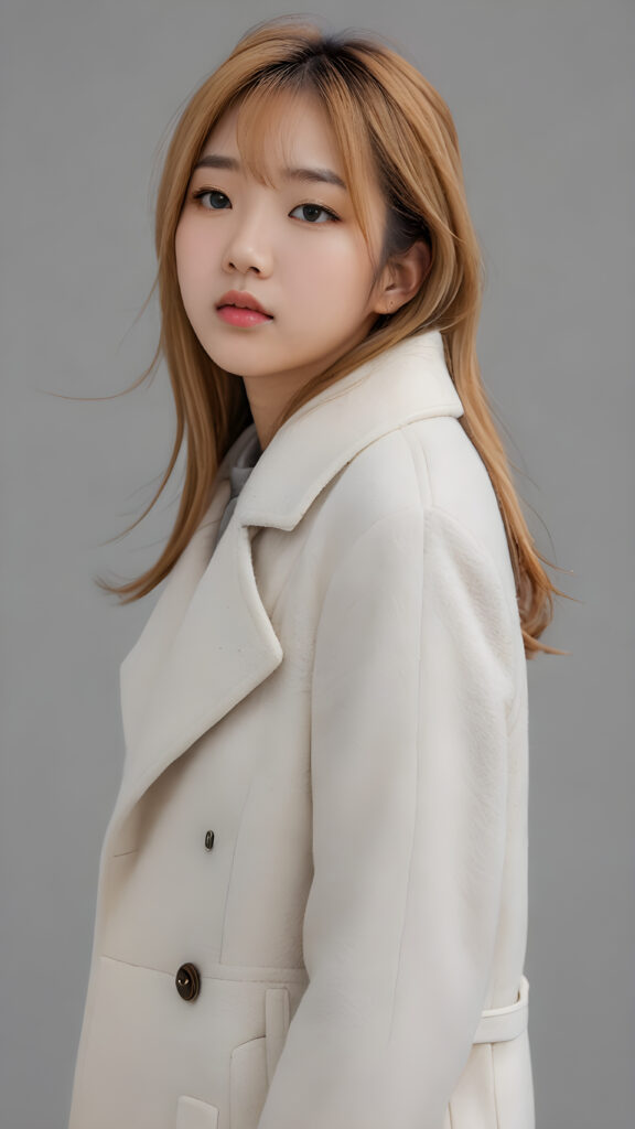 visualize a 3d picture: a (((detailed cute Korean teen girl with shoulder-length, soft straight gold hair, brown eyes, exuding a sense of melancholy and loneliness, tears streaming down her face, round face and full lips, ((white tight wool coat)) which perfectly shaped her body, against a (((simple, grey backdrop))), side view