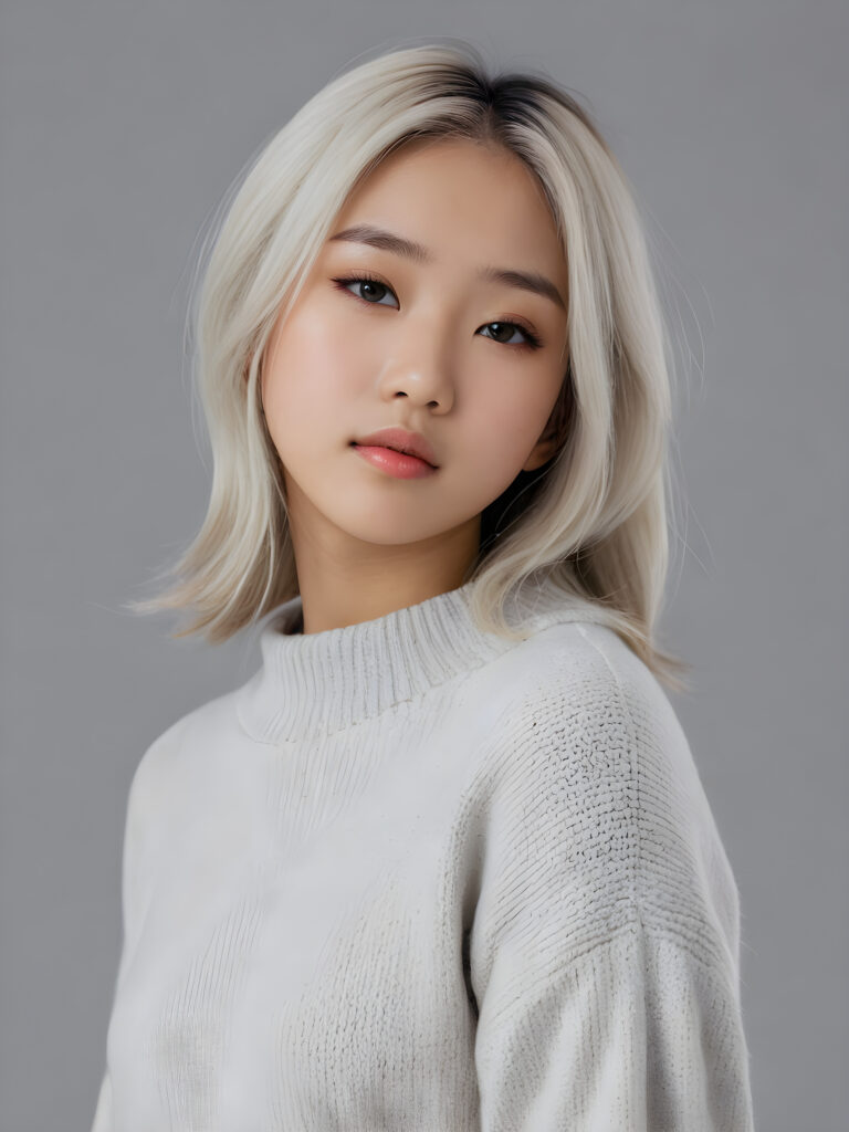 visualize a 3d picture: a (((detailed cute Asian teen girl with shoulder-length, soft straight platinum hair, brown eyes, exuding a sense of melancholy and loneliness, tears streaming down her face, round face and full lips, ((white tight wool sweater)) which perfectly shaped her body, against a (((simple, grey backdrop))), side view