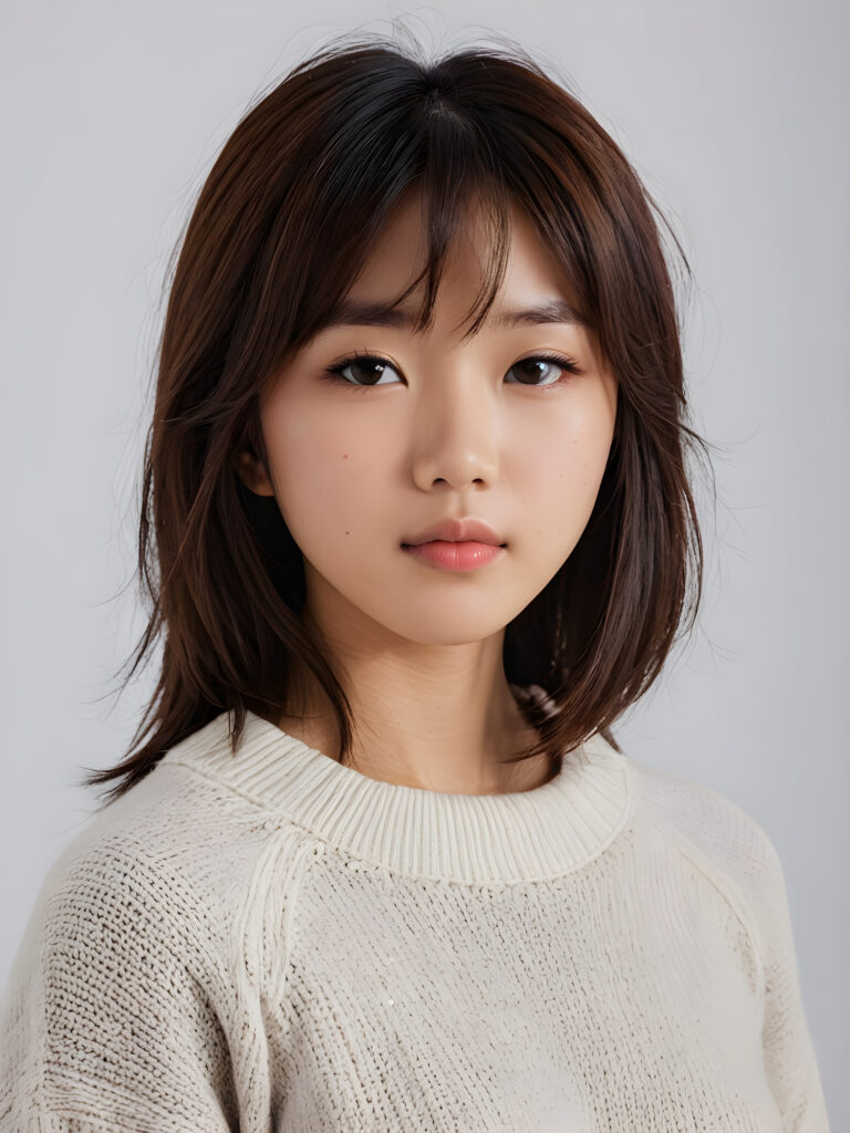 visualize a 3d picture: a (((detailed cute Asian teen girl with shoulder-length, soft straight hair, framing her face in side-swept bangs, brown eyes, exuding a sense of melancholy and loneliness, tears streaming down her face, round face and full lips, ((white tight wool sweater)) which perfectly shaped her body, against a (((simple, grey backdrop))), side view