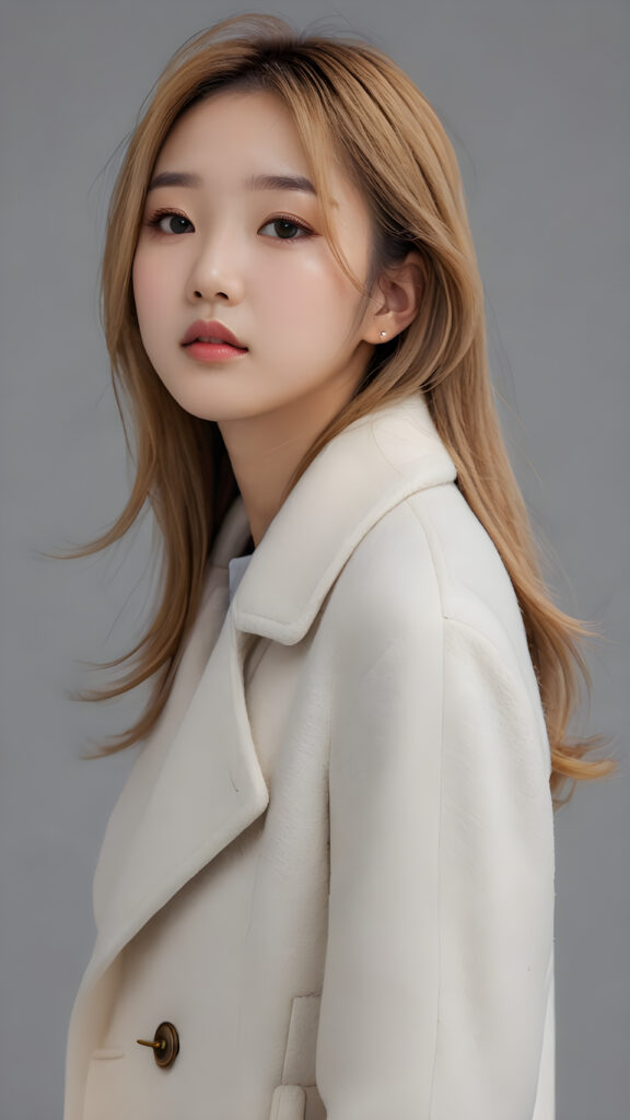 visualize a 3d picture: a (((detailed cute Korean teen girl with shoulder-length, soft straight gold hair, brown eyes, exuding a sense of melancholy and loneliness, tears streaming down her face, round face and full lips, ((white tight wool coat)) which perfectly shaped her body, against a (((simple, grey backdrop))), side view