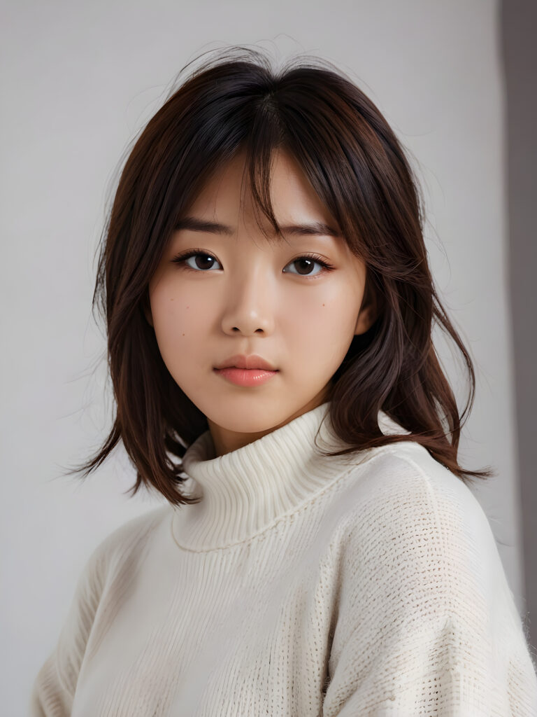 visualize a 3d picture: a (((detailed cute Asian teen girl with shoulder-length, soft straight hair, framing her face in side-swept bangs, brown eyes, exuding a sense of melancholy and loneliness, tears streaming down her face, round face and full lips, ((white tight wool sweater)) which perfectly shaped her body, against a (((simple, grey backdrop))), side view