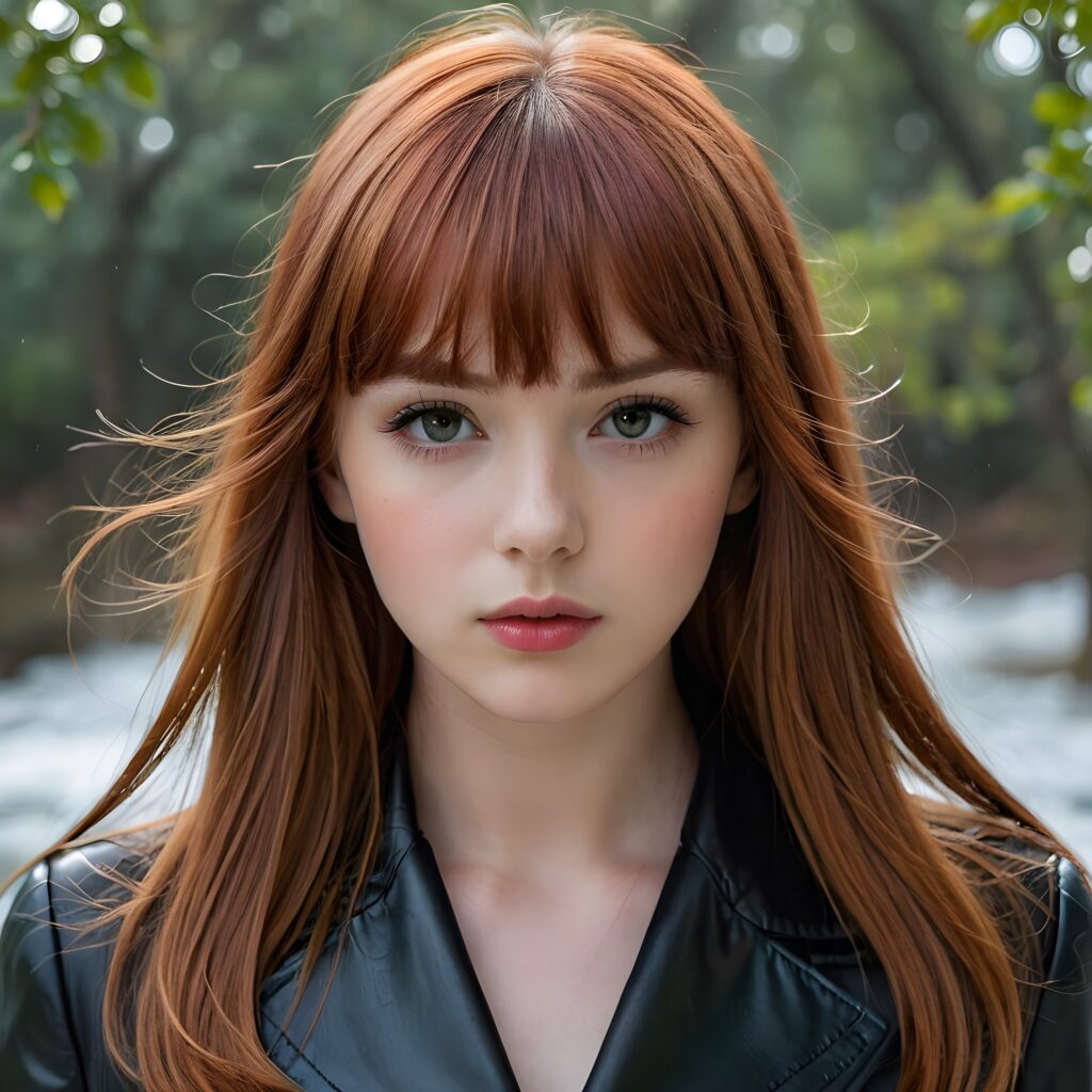 visualize a (((really detailed young teenage girl with long, soft straight red hair framing her face in classic bangs, her lips looking seductively parted against a (translucent, otherworldly backdrop))), dressed in a sleek, black leather suit that accentuates every curve of her stunningly beautiful form, against a backdrop that suggests an ethereal mist