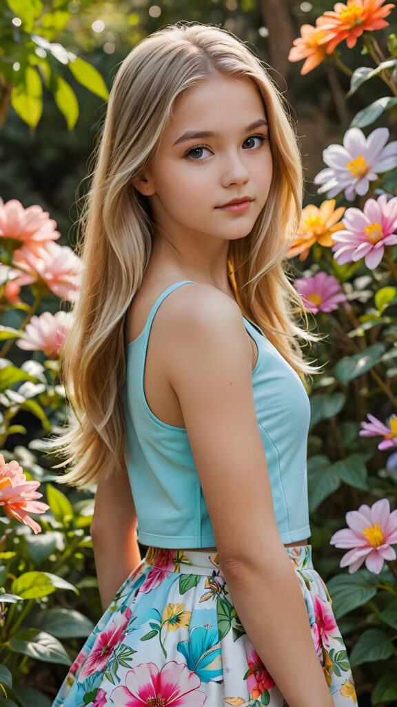visualize a (((vividly drawn cute teenage girl))), with long, flowing blonde soft and straight hair, facing sideways with a thoughtful expression. She stands against a backdrop of colorful flowers, with a beautifully drawn outline. Her figure is proportionate and slender, dressed in a short, sleeveless, cropped top and a flowy, circle skirt that rests just above her ankles 