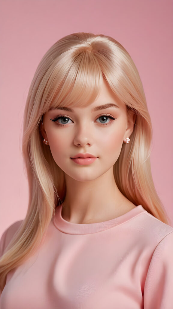 visualize a (((realistic teen girl))) with striking, straight blonde hair framing a face that mirrors Barbie's features, her bangs styled in a perfect side part, exuding confidence with a curvy silhouette and posed confidently against a (((soft, pale pink backdrop))), dressed in a (((modern, minimalist style)))