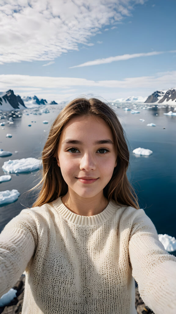 visualize a (((young teen girl, take a selfie))) (cute) (gorgeous). The vast Antarctic Ocean can be seen in the background