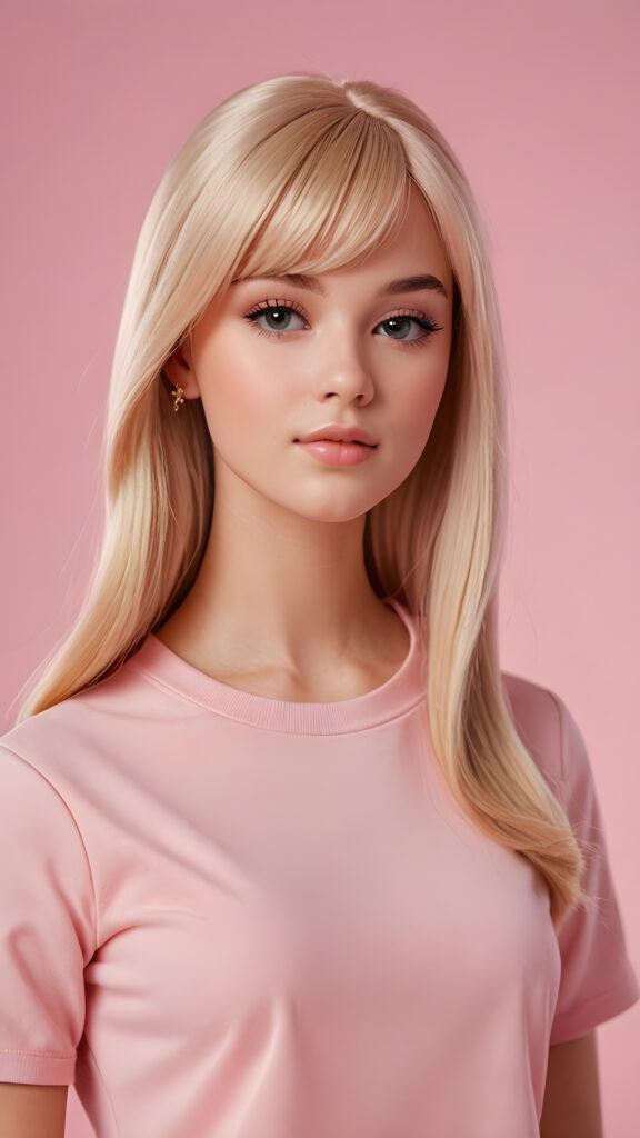 visualize a (((realistic teen girl))) with striking, straight blonde hair framing a face that mirrors Barbie's features, her bangs styled in a perfect side part, exuding confidence with a curvy silhouette and posed confidently against a (((soft, pale pink backdrop))), dressed in a (((modern, minimalist style)))