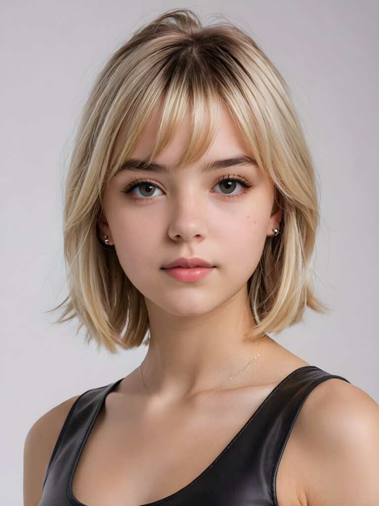 visualize a (((vividly detailed and realistic teen girl, 19 years old))) with straight, soft platinum blond hair, a classic bob cut featuring intricate details and delicate bangs that cascade down the side of her face, ((she wears a thin and tight leather crop top that accentuates her perfect figure)), full lips, a sense of seduction captured through her posture and the (((white background))))