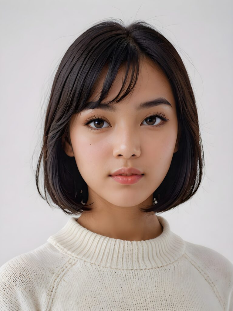 visualize a (((realistically detailed image))) of a (((softly beautiful young Exotic girl))), ((round face)), with exquisite, smooth skin and straight, soft shoulder length obsidian black hair in bangs cut framing her face, full lips, she wears a thin sweater made of white wool, against a (((gently contrasting white backdrop)))
